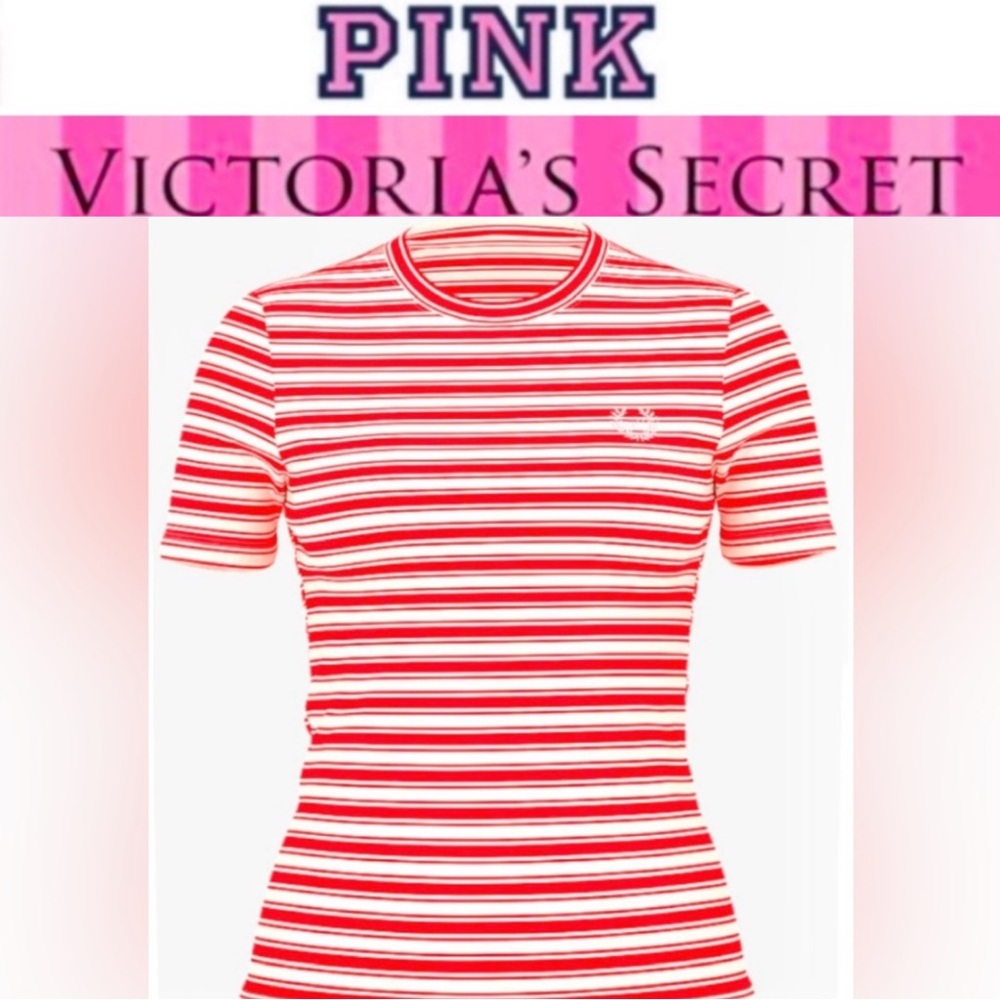 VICTORIA SECRET PINK  Fitted rib-knit tee Red Pepper Stripe color size L NWT